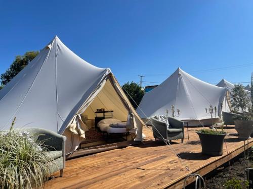 a couple of white tents on a wooden deck at Club Boutique Hotel Cunnamulla in Cunnamulla