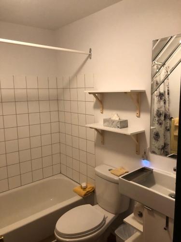 a bathroom with a toilet and a sink and a tub at Chalets et Studios Le Vent Du Nord in Lac-Superieur