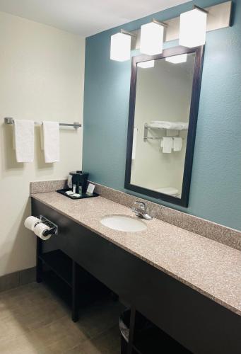 a bathroom with a sink and a mirror at Sleep Inn & Suites in Foley