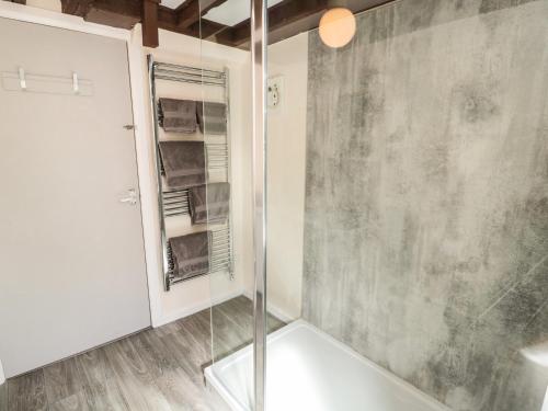 a bathroom with a shower and a glass door at Heron Cottage in Morpeth