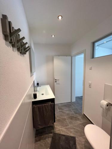 a bathroom with a sink and a toilet at Pension Hanisch in Buch