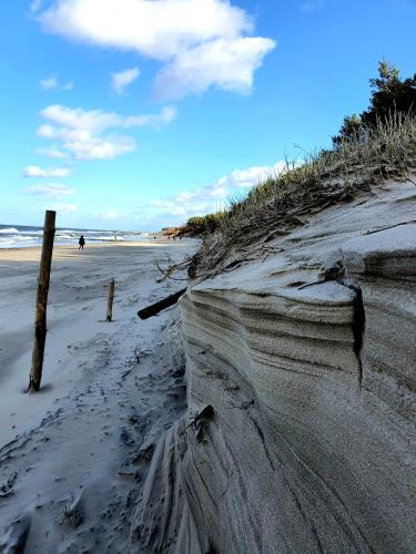 a beach with sand and a wooden pole on it at ATRIUM Sarbinowo Na Fali in Sarbinowo