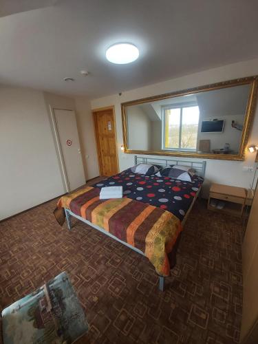 a bedroom with a bed and a large mirror at Geltona in Šiauliai