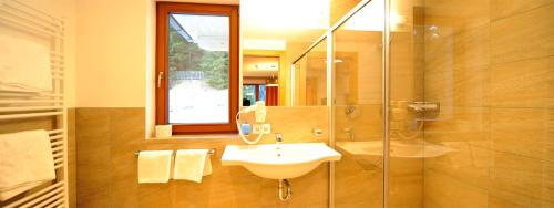 a bathroom with a sink and a glass shower at Apart Alpenglüh´n in Spiss