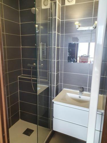 a bathroom with a shower and a sink at Appartement Combes Blanche 2 in Manigod