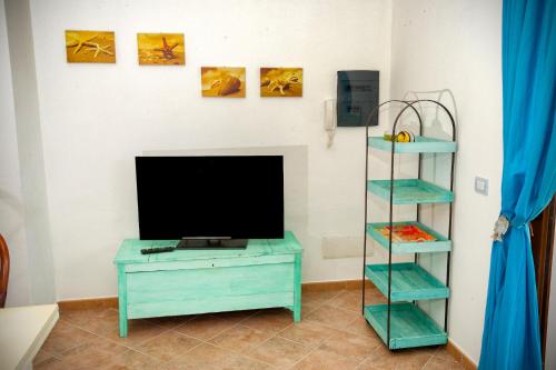 a living room with a television on a table and a shelf at Villa Isuledda Prestige in San Teodoro