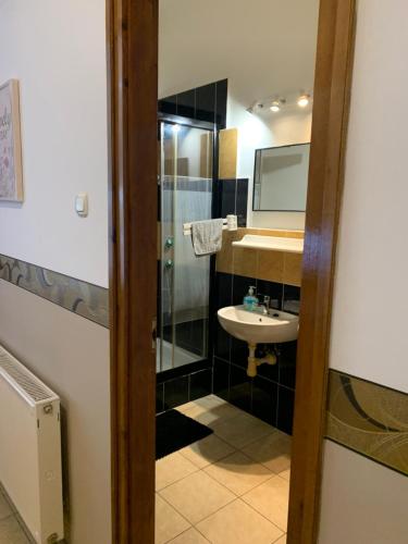 y baño con lavabo, ducha y espejo. en Arthaus Rönök, en Rönök