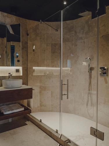 a bathroom with a shower and a sink at Santa María Briones in Briones