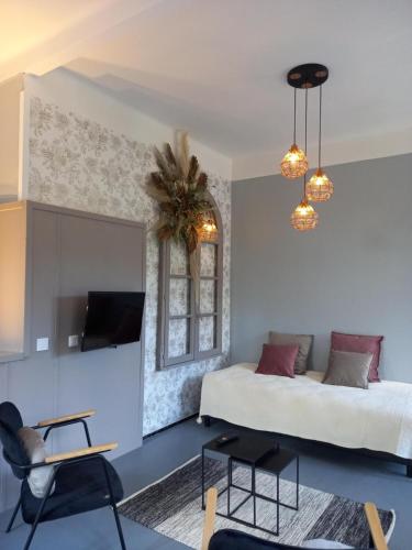 a bedroom with a bed and a tv and a chair at Château de Fabiargues in Saint-Ambroix