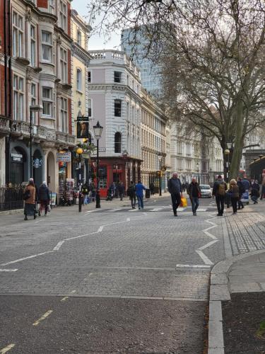 Un gruppo di persone che camminano per una strada cittadina di 1 Bed Apartment Russell Square a Londra
