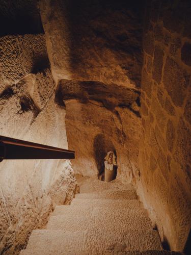 a stairway in a cave with stairs in a building at Santa María Briones in Briones