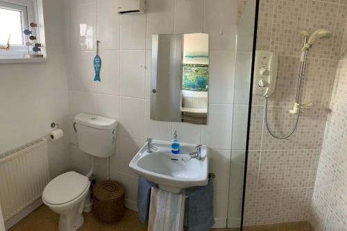a bathroom with a toilet and a sink and a shower at So Tranquil in Charlestown