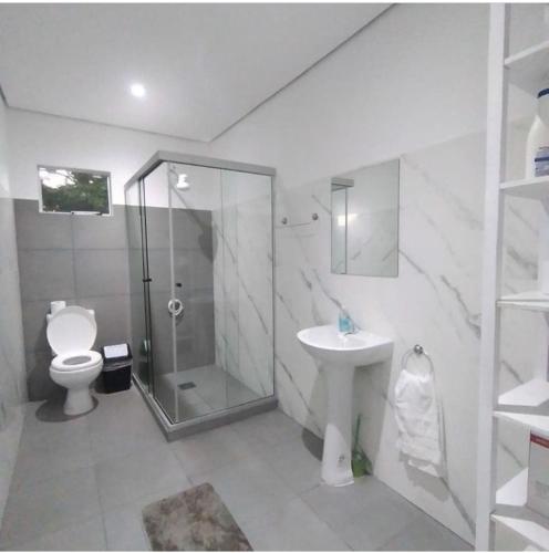 a bathroom with a shower and a toilet and a sink at Villa San Nicolás con piscina in San Bernardino