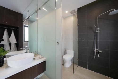 a bathroom with a sink and a glass shower at Lion King Hotel in Hoi An