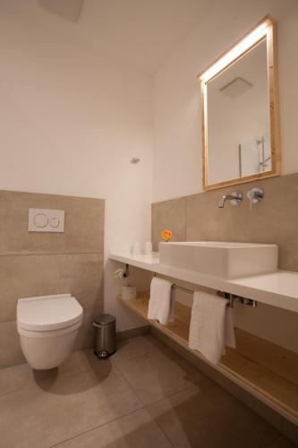 a bathroom with a sink and a toilet and a mirror at Hotel & Landgasthof Hoheluft in Buchholz in der Nordheide
