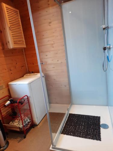 a glass shower door in a room with a refrigerator at Le chalet de la Chouille in Xonrupt-Longemer