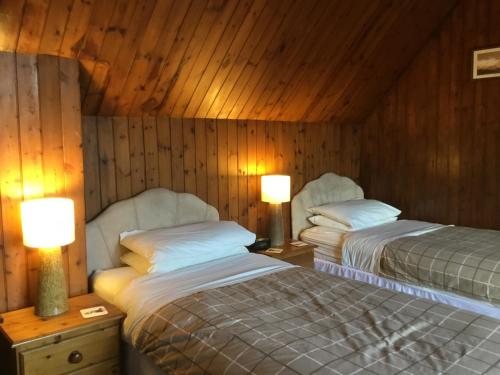 two beds in a room with wooden walls at Westward Bed and Breakfast in Cannich