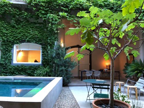 einen Innenhof mit einem Baum und einem Pool in der Unterkunft La villa Marseillanaise in Marseillan