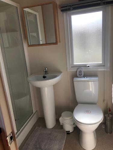 a bathroom with a toilet and a sink and a window at 10 berth caravan on marine park in Rhyl in Rhyl