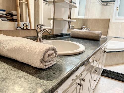 a bathroom counter with a sink and a towel at Chez Amélie in Crémieu