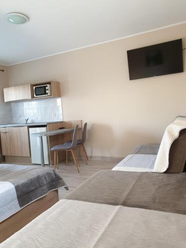 ein Hotelzimmer mit 2 Betten und einer Küche in der Unterkunft Minerál in Podhájska