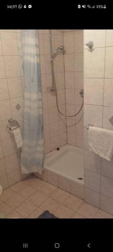a bathroom with a shower and a bath tub with a shower curtain at Apartmani Vesna in Punat