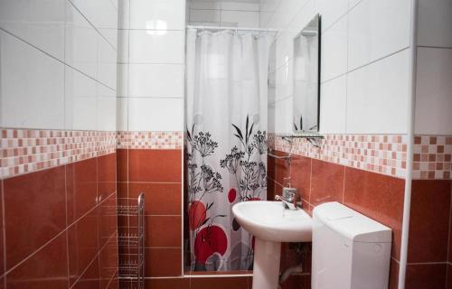 un baño con lavabo y ducha en Peaceful City Center, en Podgorica