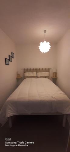 une chambre avec un lit avec une lumière au-dessus dans l'établissement PORTO CRISTO - AU PORT SANS VIS A VIS -WIFI - Parking, à Saint-Cyprien