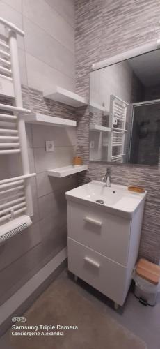 une salle de bain avec un lavabo blanc et un miroir dans l'établissement PORTO CRISTO - AU PORT SANS VIS A VIS -WIFI - Parking, à Saint-Cyprien