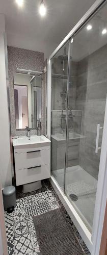 une salle de bain avec douche et lavabo dans l'établissement Cosy studio le Garden ensoleillé, à Cabourg