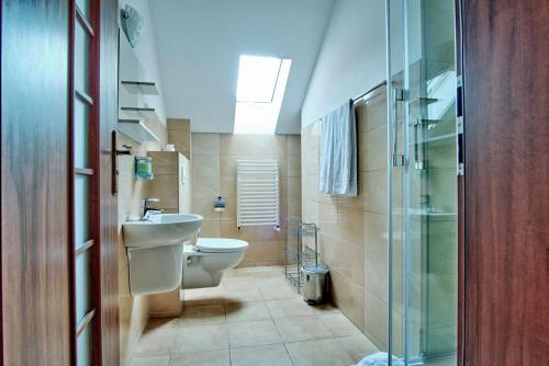 a bathroom with a toilet and a sink and a shower at Willa Preludium in Gdańsk