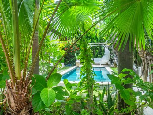 a swimming pool in a garden with palm trees at Villa Medori - Private Pool Seminyak in Seminyak