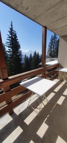 a table and chairs on a balcony with a view at 2 pièces équipé avec parking privé in Gryon