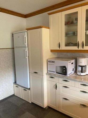 a kitchen with a white refrigerator and a microwave at Ferienhaus Akogelblick in Landl