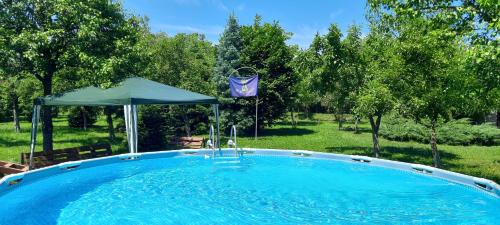 a large swimming pool in a yard with a tent at Secret Garden Camping in Bontida