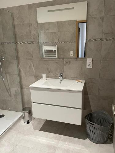 une salle de bain avec un lavabo blanc et un miroir dans l'établissement Villa Renzo, à Patrimonio
