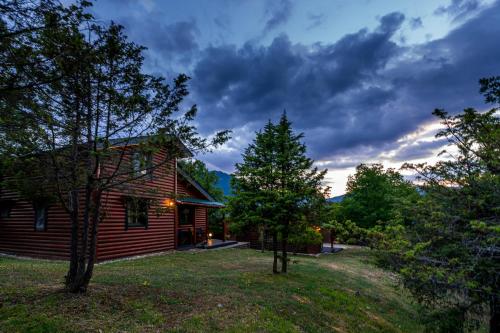 a log cabin with a tree in the yard at Chalet Likouresi Village in Karpenision