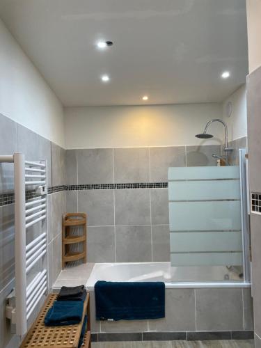 une salle de bain avec une baignoire et un lavabo dans l'établissement Aurillac, appartement au centre de la ville, à Aurillac
