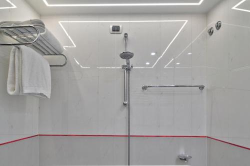 a shower with a glass door in a bathroom at Central Park Hotel Modena in Modena