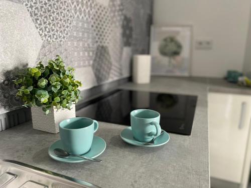 a kitchen counter with two coffee cups and a potted plant at Loft Manuel de Falla in Maracena
