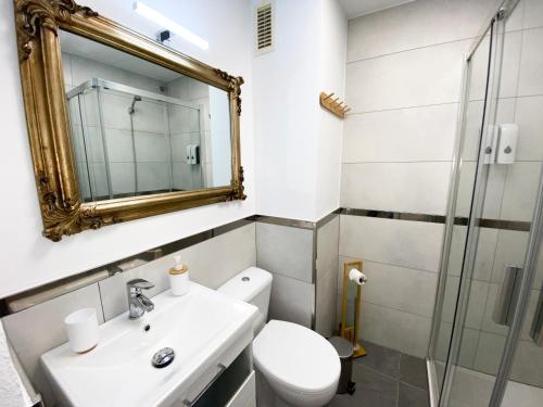 een badkamer met een wit toilet en een spiegel bij MARQUES7HOME in Málaga