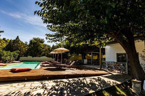 a pool with chairs and an umbrella next to a house at Casa Villa, Xenia Paliouri in Paliouri