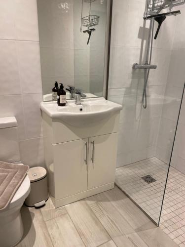 a bathroom with a sink and a shower and a toilet at The Old Gin Distillery est 1850 in London