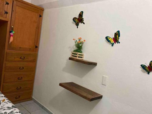 ein Zimmer mit Schmetterlingen an der Wand und einer Vase mit Blumen in der Unterkunft Acogedora habitación privada en Jalatlaco in Oaxaca de Juárez