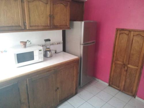 eine Küche mit einer weißen Mikrowelle und einem Kühlschrank in der Unterkunft Acogedora habitación privada en Jalatlaco in Oaxaca de Juárez