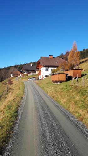 eine leere Straße auf einem Feld mit Häusern in der Unterkunft Ferienwohnung Stampfer in Gnesau