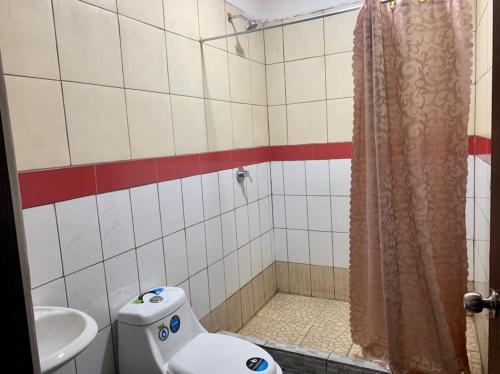 a bathroom with a toilet and a sink and a shower at La Fortuna Roja in San José