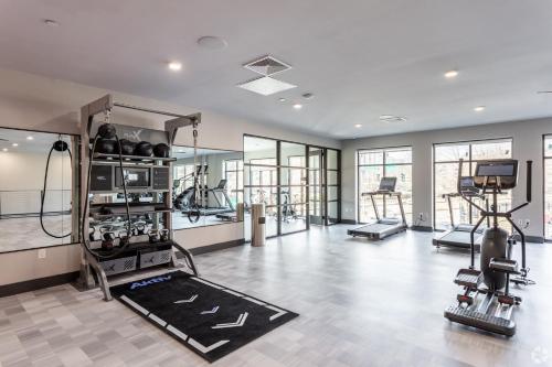 a gym with treadmills and machines in a room at Luxury Apartments by Hyatus at Pierpont in New Haven