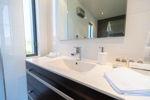 a bathroom with a sink and a mirror at High Leys Lodge in Te Anau