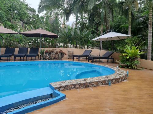 a large swimming pool with chairs and umbrellas at Chang Pai Garden in Pai